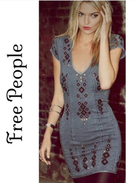 Free People Dresses & Skirts - Free People Rich in Embroidery Mini Dress/ Gray, Sequins, Mesh Trim, New, Sz S